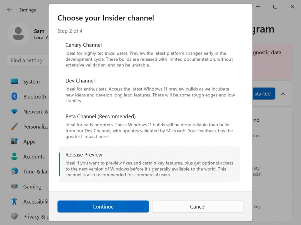 Choose your Insider Channel modal shown after Windows 11 updated with Copilot